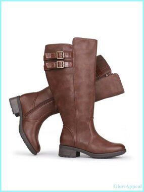 Women's Extra Wide Calf Knee High Block Heel Boots Hidden Stretch Buckle